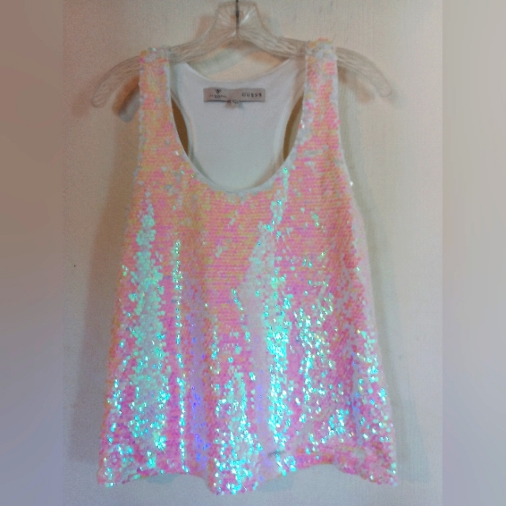 GUESS Los Angeles sz Small Sequined Pink‎ & White Tank Top